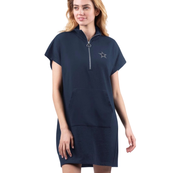 Navy blue short-sleeve dress with a front zipper and star embroidery, featuring a front pocket and a casual fit.
