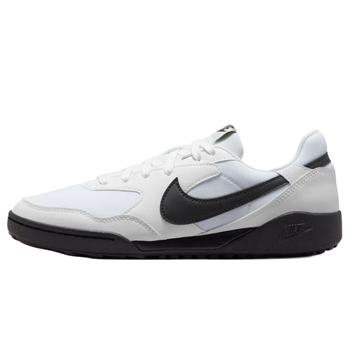 A white and black Nike sneaker with a prominent black swoosh, featuring a low-top design and a black outsole.