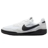 A white and black Nike sneaker with a prominent black swoosh, featuring a low-top design and a black outsole.