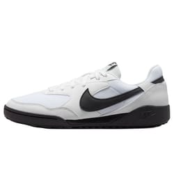 A white and black Nike sneaker with a prominent black swoosh, featuring a low-top design and a black outsole.