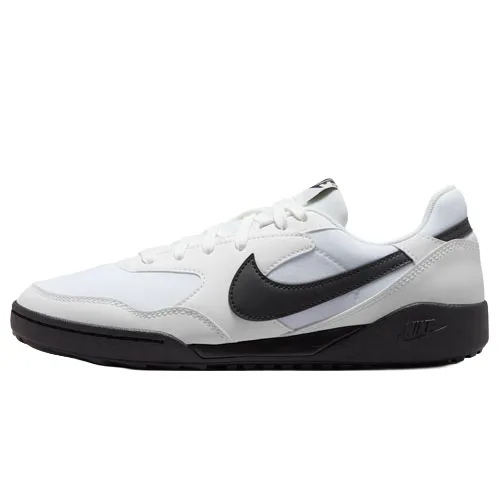 A white and black Nike sneaker with a prominent black swoosh, featuring a low-top design and a black outsole.