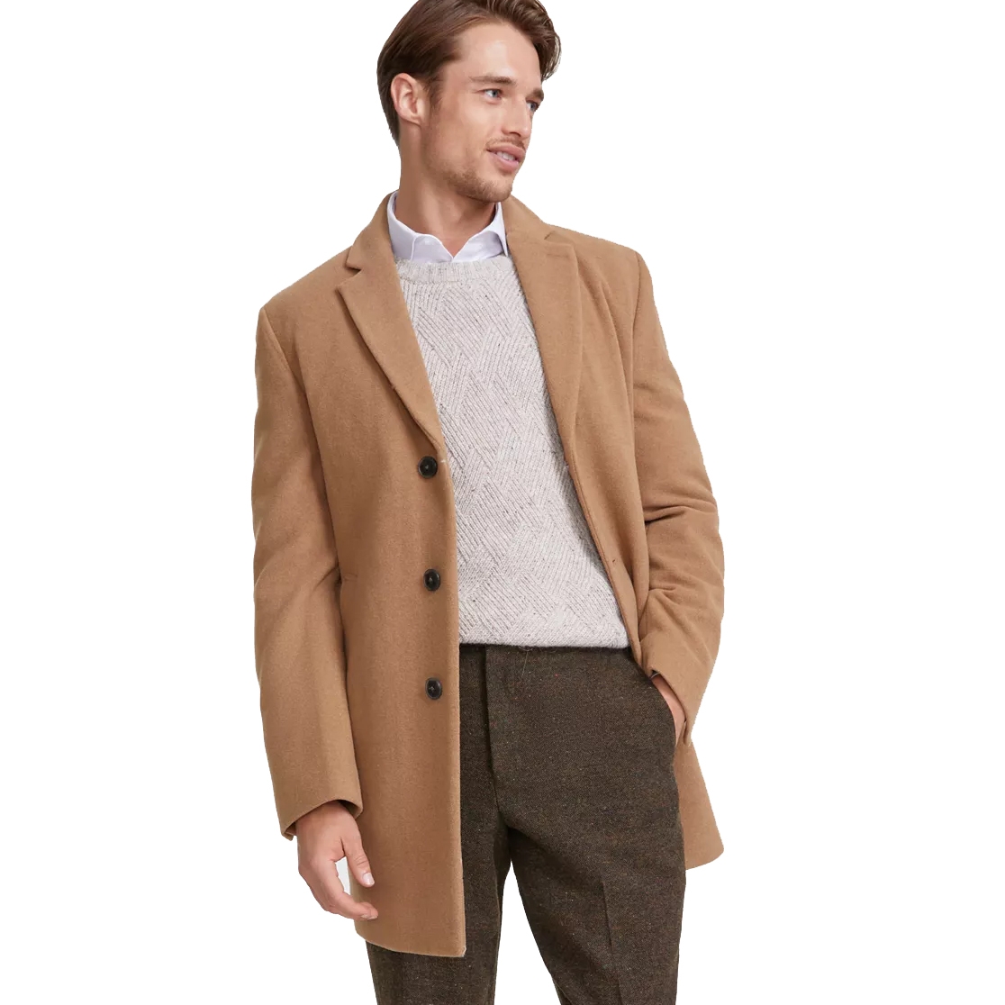 A man is wearing a camel-colored overcoat, a light gray textured sweater, and brown trousers.