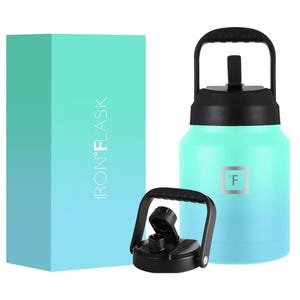 A blue 84oz Iron Flask Growler with a digital temperature display on the lid and a solid black handle, alongside its matching teal packaging box.