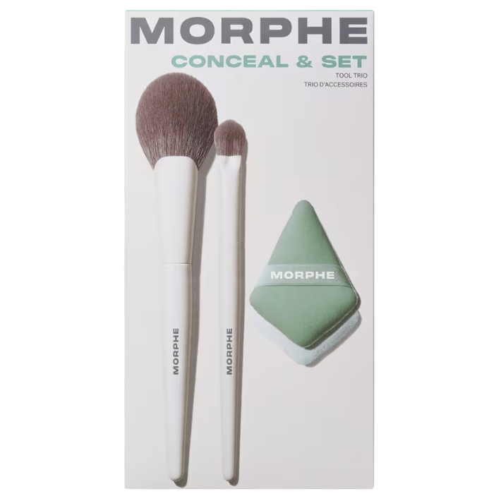 Morphe Conceal & Set Tool Trio includes two makeup brushes and a green triangular sponge for applying and setting makeup.
