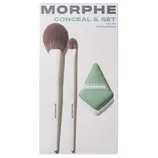 Morphe Conceal & Set Tool Trio includes two makeup brushes and a green triangular sponge for applying and setting makeup.