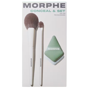 Morphe Conceal & Set Tool Trio includes two makeup brushes and a green triangular sponge for applying and setting makeup.