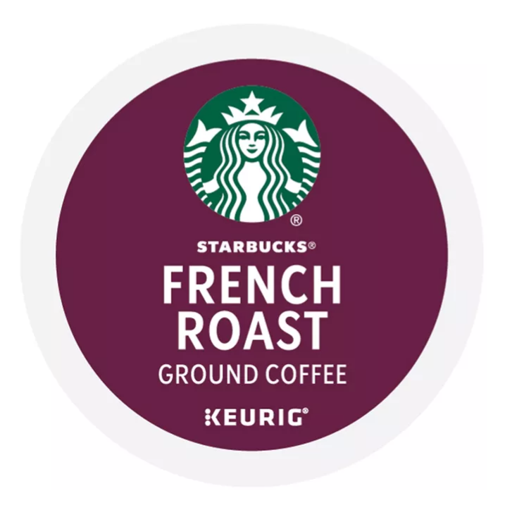 Starbucks French Roast Ground Coffee for Keurig, featuring the Starbucks logo on a burgundy background labeled as a K-Cup pod.
