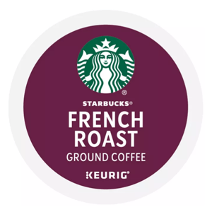 Starbucks French Roast Ground Coffee for Keurig, featuring the Starbucks logo on a burgundy background labeled as a K-Cup pod.