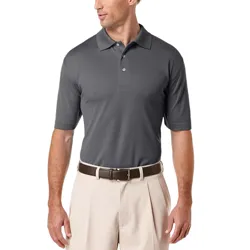 A man is wearing a dark gray short-sleeve polo shirt with beige pleated pants, paired with a brown belt.