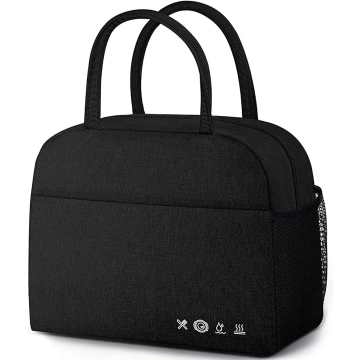 A black insulated lunch bag with dual handles, a front pocket, mesh side pocket, and symbols indicating features such as waterproof, thermal insulation, and easy cleaning.