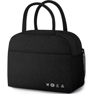 A black insulated lunch bag with dual handles, a front pocket, mesh side pocket, and symbols indicating features such as waterproof, thermal insulation, and easy cleaning.