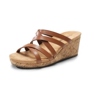 Brown wedge sandal with cork heel and four crossing straps.