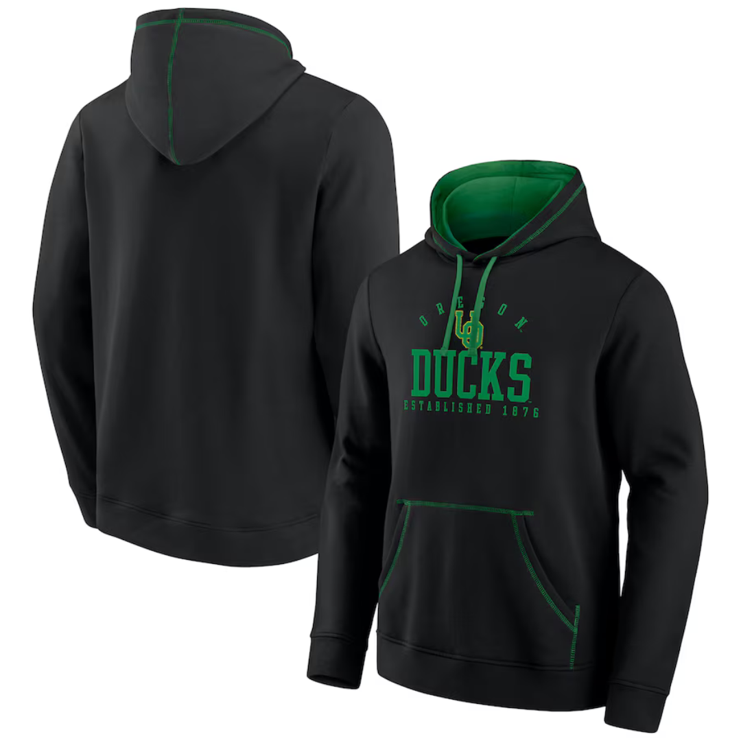 Black Oregon Ducks hoodie with green accents, featuring \“Oregon Ducks Established 1876\“ on the front and green inside the hood.