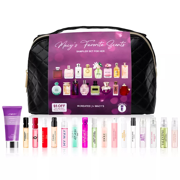Macy's 18-Pc Perfume Sampler Set includes various mini fragrance vials and a lavender-scented hand lotion in a black quilted zip pouch. The set features scents by brands like Versace, Gucci, and My Way, plus a $5 off coupon for beauty purchases.