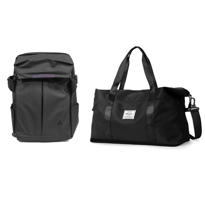 A sleek black backpack with side pockets and a top flap sits next to a versatile black duffle bag featuring a shoulder strap, top handles, and a front logo patch. Both bags have a minimalist and modern design.