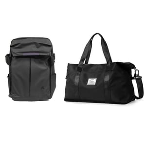 A sleek black backpack with side pockets and a top flap sits next to a versatile black duffle bag featuring a shoulder strap, top handles, and a front logo patch. Both bags have a minimalist and modern design.