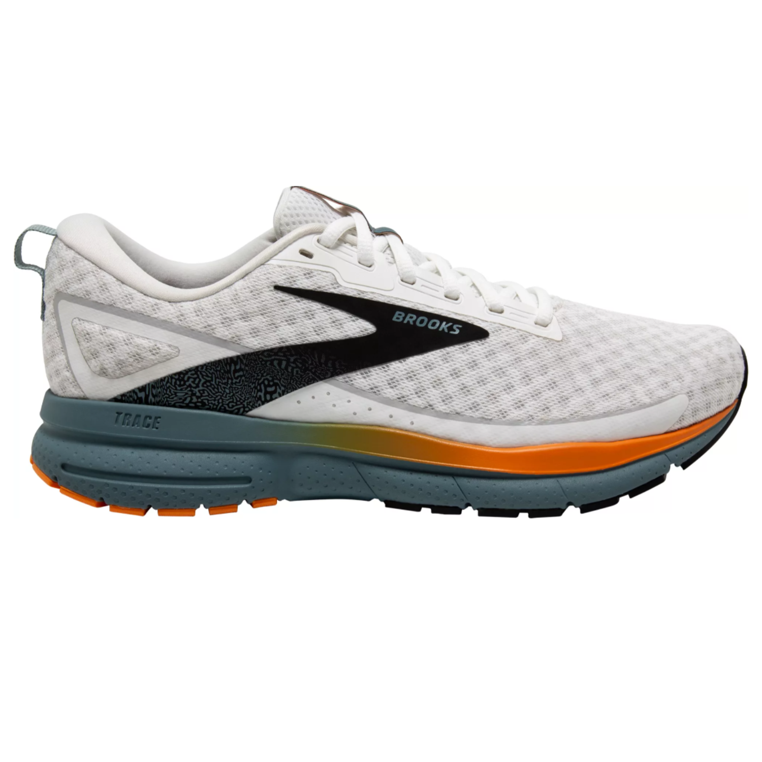 White Brooks Trace 3 running shoes with black detailing, featuring orange and yellow gradient on the midsole and a grey outsole.
