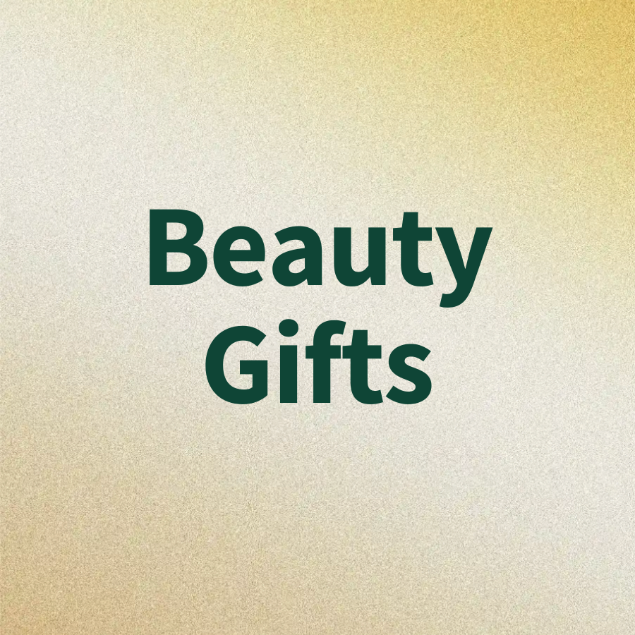 Text states \“Beauty Gifts\“ on a textured, gradient background.