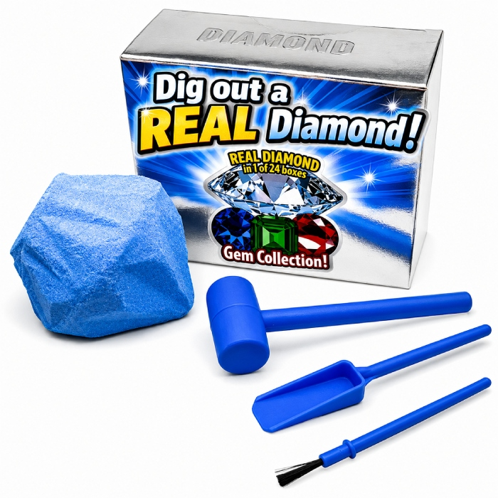 Dig kit with tools and a block for extracting gems; packaging claims 1 in 24 boxes contain a real diamond.