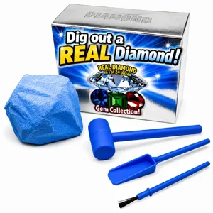 Dig kit with tools and a block for extracting gems; packaging claims 1 in 24 boxes contain a real diamond.