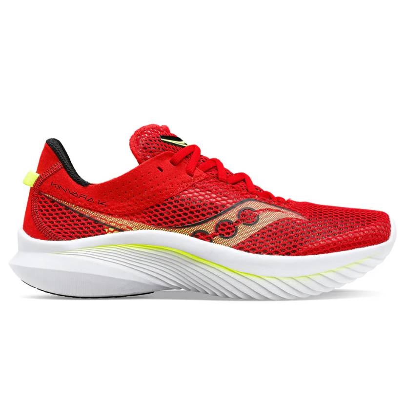 The Saucony Kinvara 14 Running Shoes are red with a breathable mesh upper, featuring a sleek silhouette and a responsive cushioned sole designed for lightweight performance.