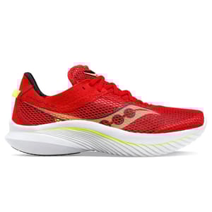 The Saucony Kinvara 14 Running Shoes are red with a breathable mesh upper, featuring a sleek silhouette and a responsive cushioned sole designed for lightweight performance.