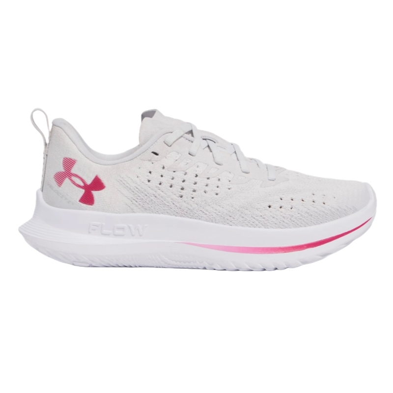 A white athletic shoe with pink accents from Under Armour, featuring a FLOW sole design and a breathable mesh upper.
