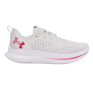 A white athletic shoe with pink accents from Under Armour, featuring a FLOW sole design and a breathable mesh upper.