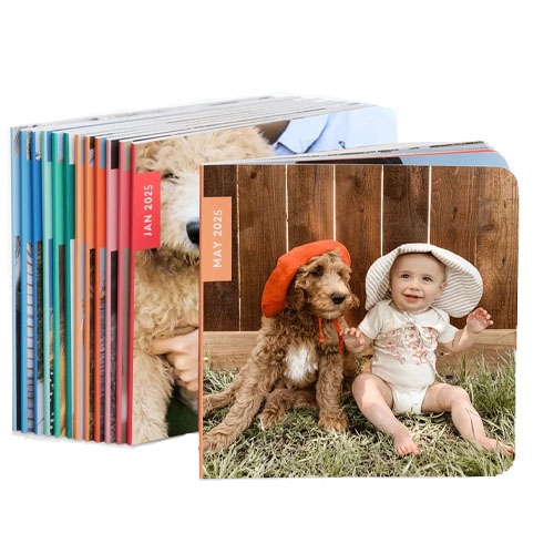 Stack of customized photo books showing a cover with a baby and a dog wearing hats, dated May 2025.