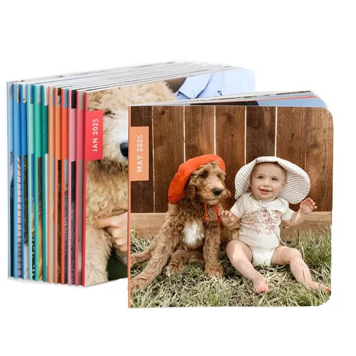Stack of customized photo books showing a cover with a baby and a dog wearing hats, dated May 2025.
