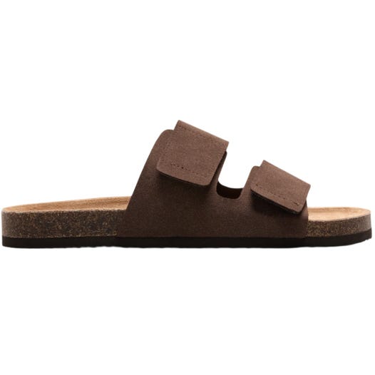 Brown slide sandal with two wide straps and a cork footbed.
