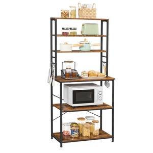 A kitchen storage rack with five wooden shelves holds various items, including jars, cookware, a microwave, and baskets. The frame is metal, offering organized space for kitchen essentials.