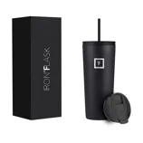 A black Iron Flask tumbler with a matching straw and an interchangeable lid is shown next to its packaging box.