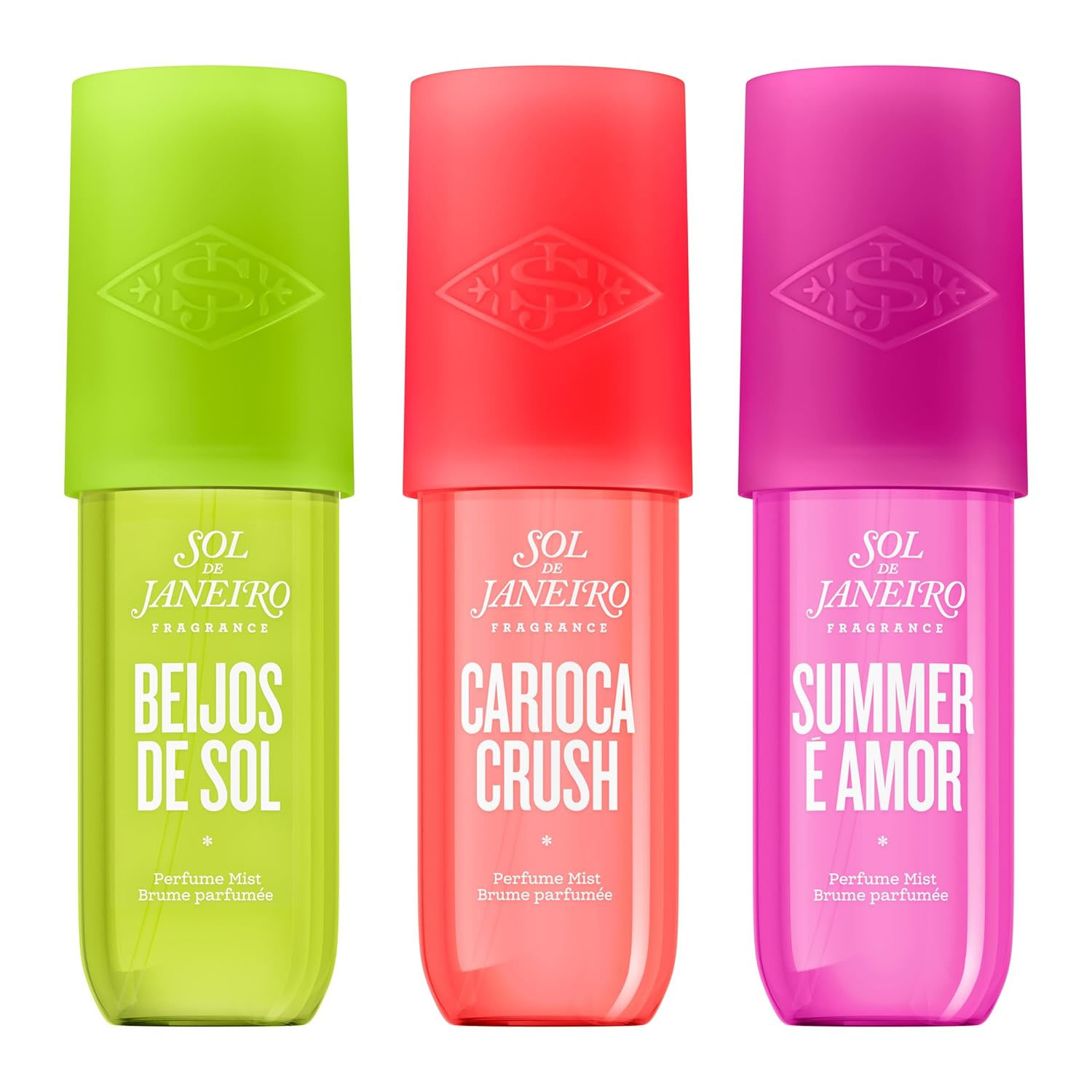 Sol de Janeiro Summer Perfume Mist collection includes three variants: \“Beijos de Sol\“ in lime green, \“Carioca Crush\“ in coral, and \“Summer É Amor\“ in pink, each in a vibrant package with a matching cap.
