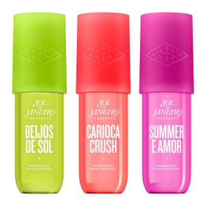 Sol de Janeiro Summer Perfume Mist collection includes three variants: \“Beijos de Sol\“ in lime green, \“Carioca Crush\“ in coral, and \“Summer É Amor\“ in pink, each in a vibrant package with a matching cap.