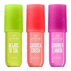 Sol de Janeiro Summer Perfume Mist collection includes three variants: \“Beijos de Sol\“ in lime green, \“Carioca Crush\“ in coral, and \“Summer É Amor\“ in pink, each in a vibrant package with a matching cap.