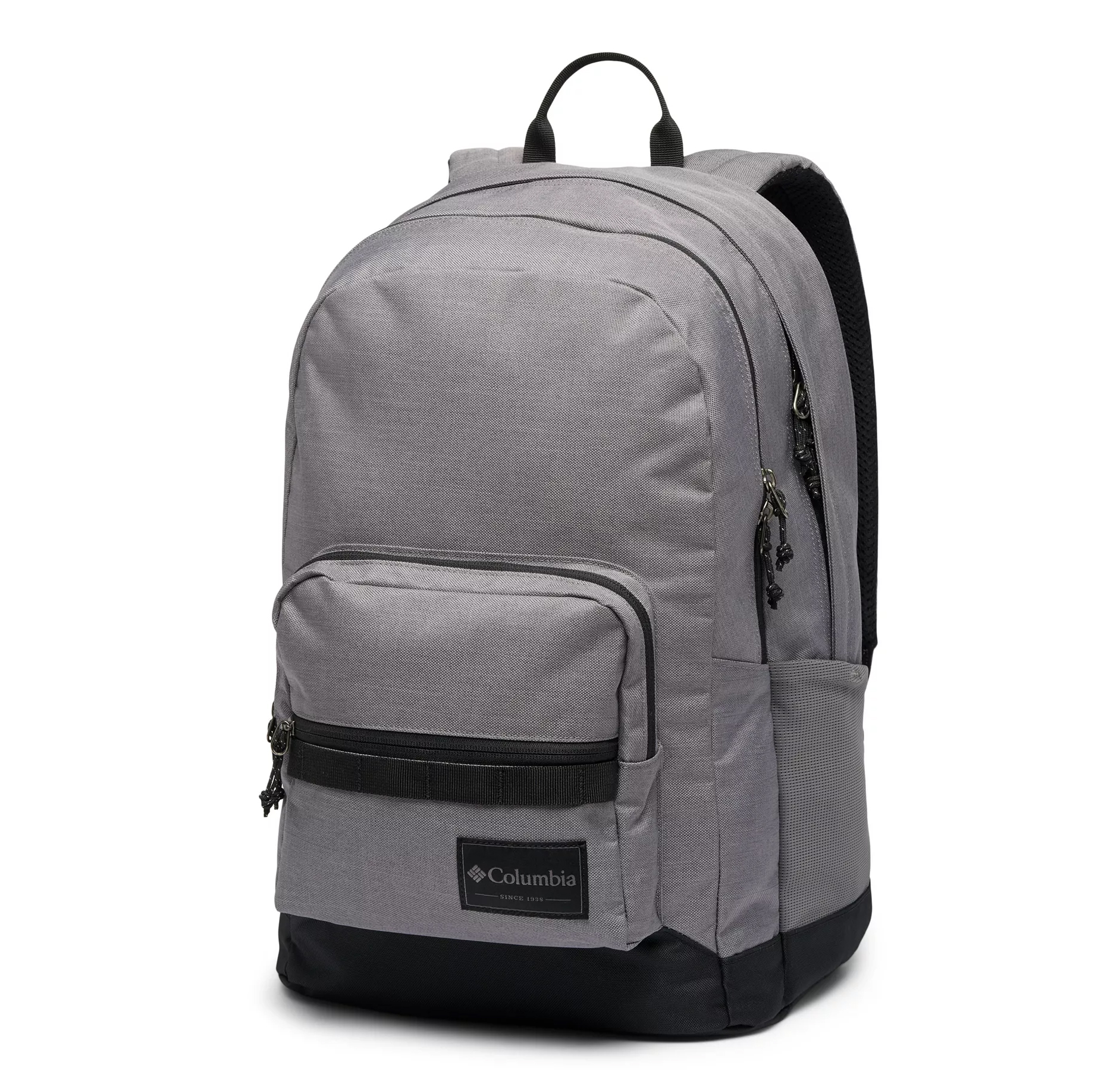 Gray Columbia backpack with a main compartment, front pocket, and side mesh pockets. Features a top handle and adjustable shoulder straps.