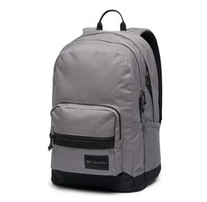 Gray Columbia backpack with a main compartment, front pocket, and side mesh pockets. Features a top handle and adjustable shoulder straps.