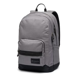 Gray Columbia backpack with a main compartment, front pocket, and side mesh pockets. Features a top handle and adjustable shoulder straps.