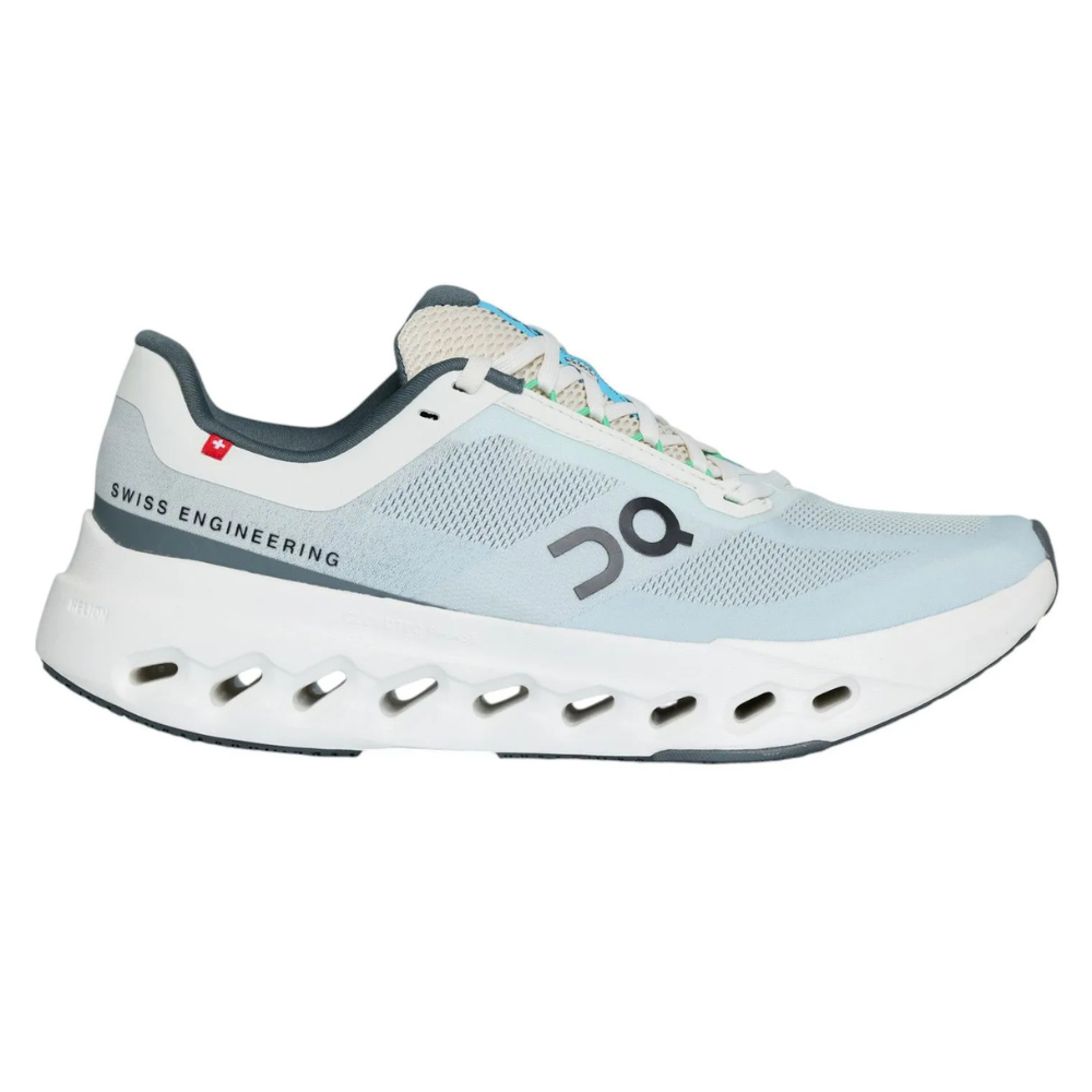 Running shoe with a light blue mesh upper, white midsole featuring the trademark perforated design, and \“Swiss Engineering\“ branding, by On.