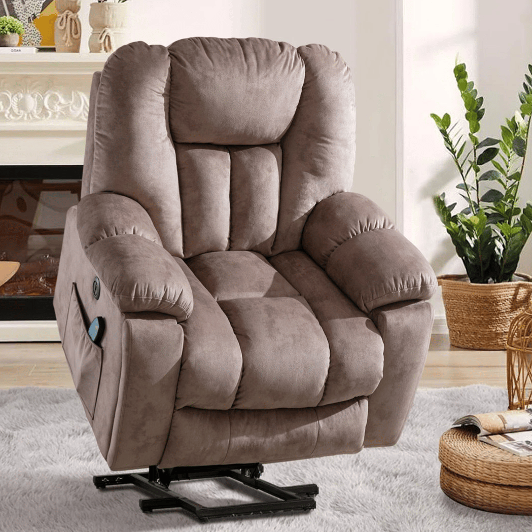 A plush, brown reclining chair with a lift mechanism, set in a cozy living room with a rug, coffee table, and plants.