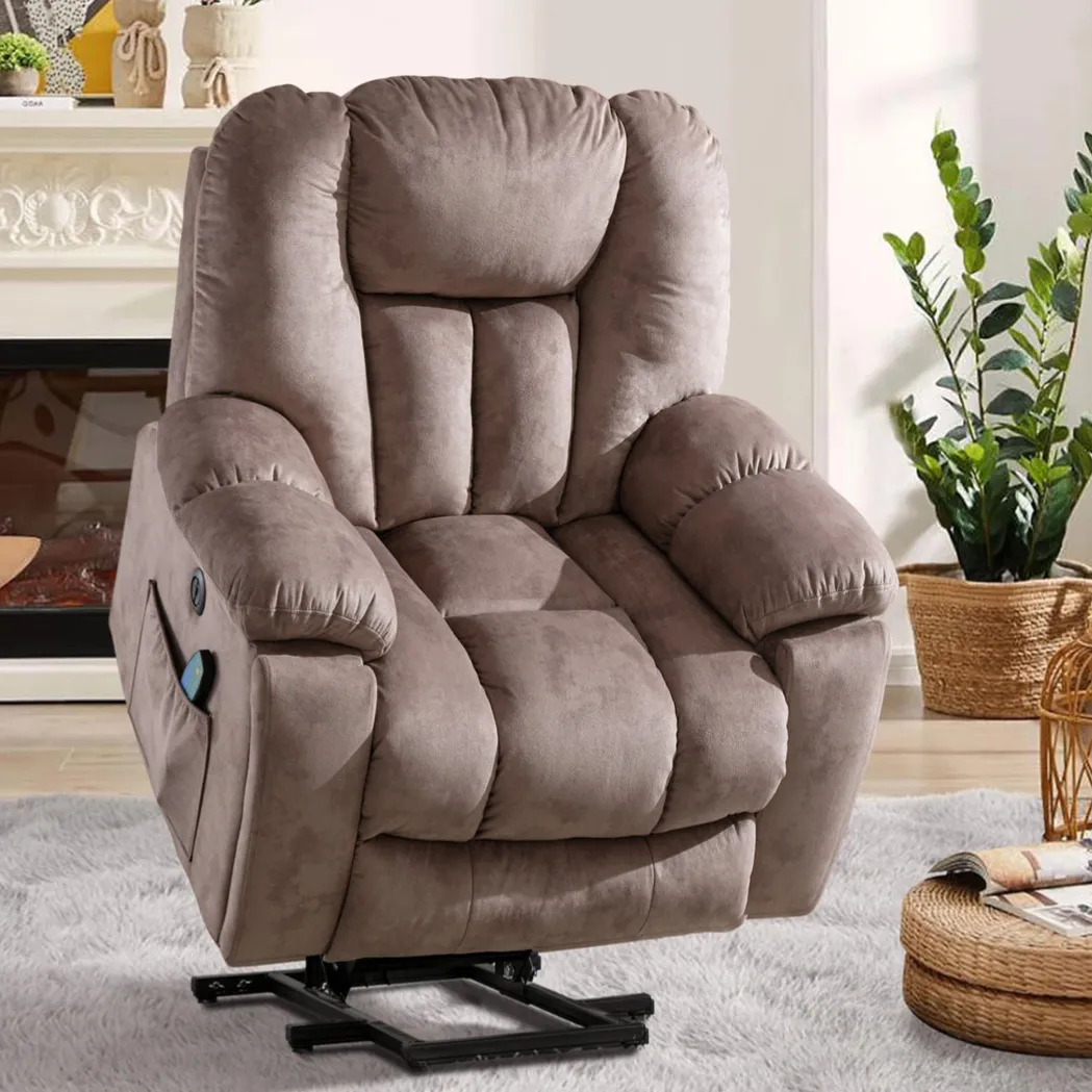 A plush, brown reclining chair with a lift mechanism, set in a cozy living room with a rug, coffee table, and plants.