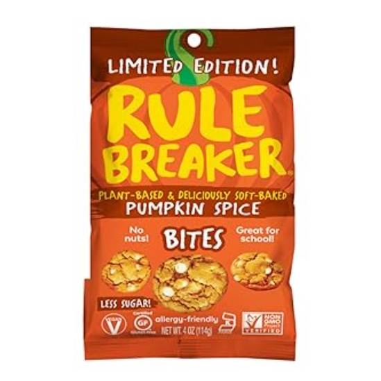Limited Edition \“Rule Breaker\“ Pumpkin Spice Bites are plant-based, nut-free, and allergy-friendly cookies that boast less sugar. They are soft-baked and come in a 4 oz pack, suitable for school and non-GMO verified.