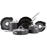 A set of black nonstick cookware including pots, pans, and fitted strainers, each with metallic handles and lids.