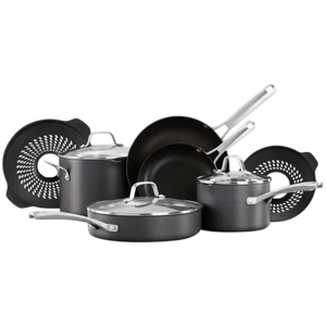 A set of black nonstick cookware including pots, pans, and fitted strainers, each with metallic handles and lids.