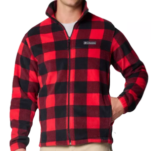 Red and black plaid zip-up fleece jacket with Columbia logo on the chest, featuring a high collar and long sleeves.