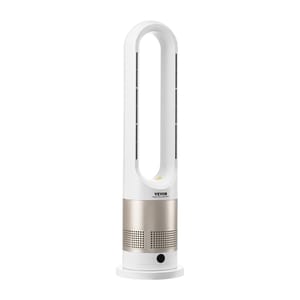 A bladeless tower fan with a modern design, branded \“VEVOR,\“ featuring an oval-shaped airflow loop and a cylindrical base with a metallic finish.