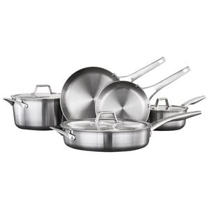 An 8-piece Calphalon cookware set featuring stainless steel pots and pans, including two skillets, a saucepan with lid, a sauté pan with lid, and a stockpot with lid, all with long handles for easy maneuvering.