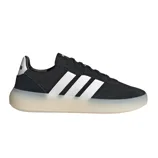 Black Adidas sneakers with white stripes and a semi-translucent sole.