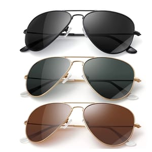 Three pairs of aviator sunglasses with different frame colors and lens tints, displayed against a white background.